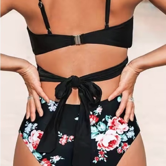 Black And Floral Wrap Cutout One Piece Swimsuit - Picture 6 of 8